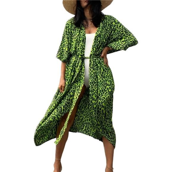 Long Kimono Cardigan Beach Wear Cover Up C10-leopard Green